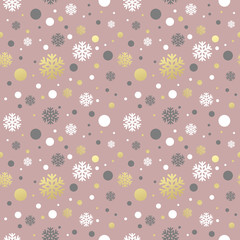 Christmas pink seamless pattern with golden, white snowflake. Vector illustrtion