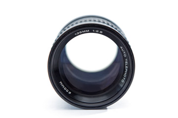 Lens with an adapter and a protective cover on a white backgroun