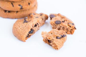 Chocolate chip cookie on white background