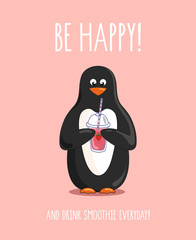 Obraz premium Hand drawn illustration of cute penguin with a strawberry smoothie 
