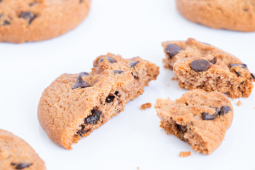 Chocolate chip cookie on white background