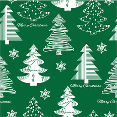Seamless pattern of stylization firs on green background