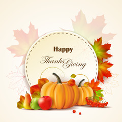 Thanksgiving day greeting card with pumpkins, fruits and autumn leaves.