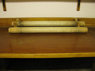 Laundry room detail of calender rolls of wood in a fifties residential building, stockholm, sweden.