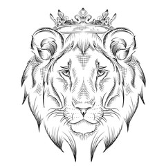 Fototapeta premium Ethnic hand drawing head of lion wearing a crown. totem / tattoo design. Use for print, posters, t-shirts. Vector illustration