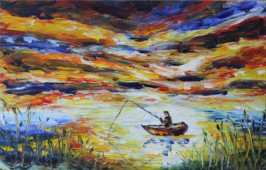 
fisherman in a boat fishing rod, lake, reeds, evening