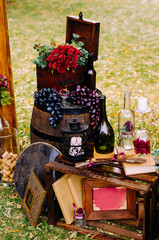 Beautiful decor with wine bottles, wooden boxes and other elemen