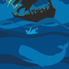 Jonah and the whale. Silhouette, hand drawn