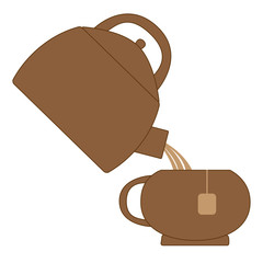 Vector composition. Teapot with a cup of tea and tea bag brewing