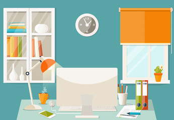 Vector flat illustration. Workplace concept. Modern home office interior