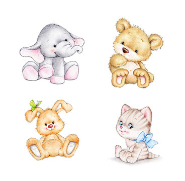 Set of 4 animals: elephant, bunny, bear, cat