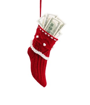 Handmade knitting Christmas sock isolated on white