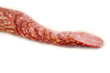 salami sausages on wooden board isolated