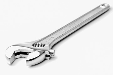 Adjustable chrome wrench with large size for heavy duty tasks,perfect for mechanics and DIY enthusiasts,isolated on a white background.