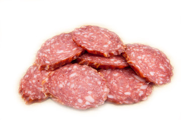 salami sausages on wooden board isolated