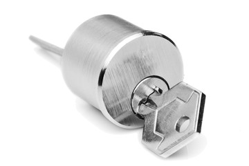 A silver steel lock and key against a clean white background, symbolizing safety and security through its intricate mechanism.