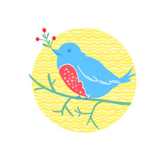 Cute bird sits on the branch and hold a red berries. Winter vector illustration in linocut technique