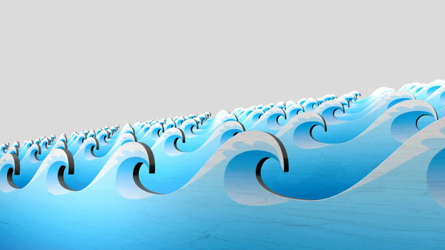 : A static camera showing layers of boards of stylized blue waves in various motions oscillating up and down