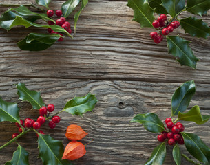 Stechpalme, Ilex Zweige mit roten Beeren auf altem Treibholz / Holz Brett