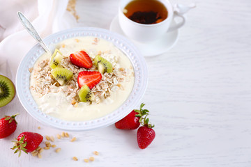 Healthy breakfast with homemade oatmeal, close up
