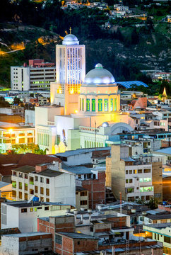 Aerial view of Ambato, Ecuador's biggest city, showcasing the towering church in the heart of this vibrant Latin American metropolis.