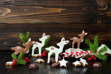 Christmas holiday gingerbread baby deer or fawn cookies. Free text copy space
