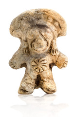Fototapeta na wymiar Rare antique Valdivia culture amulet showcasing an enigmatic abstract figure,discovered in the La Tolita region of Ecuador's Esmeralda province,with a captivating white background.