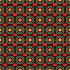 Seamless geometric pattern of abstract flowers and hearts