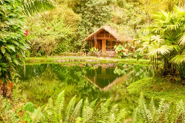 Foto op Canvas A cozy jungle hut in the lush rainforest of Mindo, Ecuador. Surrounded by towering mountains and tropical waters while it rains gently outside. © Ammit