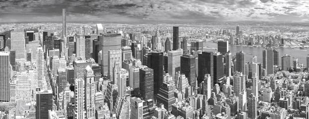 Black and white panoramic view of Manhattan, New York, USA.