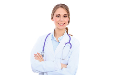 Fototapeta premium Friendly smiling young female doctor, isolated over white background