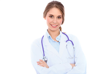 Fototapeta premium Friendly smiling young female doctor, isolated over white background