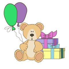Teddy Bear  with gift boxes and balloones