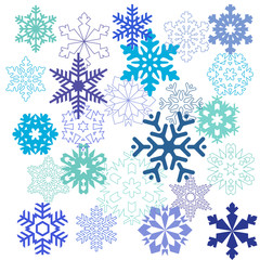 A pattern of snowflakes in different forms in blue colors on a w