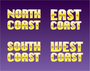 Fototapeta na wymiar North East South West Coast golden letters