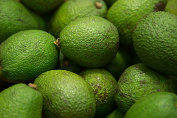 Fresh green avocado on the store shelf.