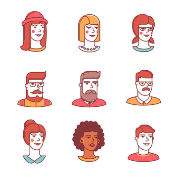 Human faces icons thin line set. Hipsters