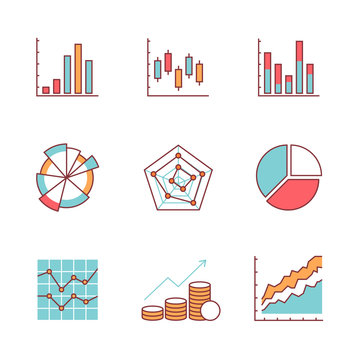 Business charts and data icons thin line set