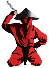 Ninja in the red uniform, isolated on white, vector illustration