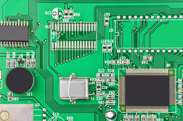 Printed computer motherboard with microcircuit, close up
