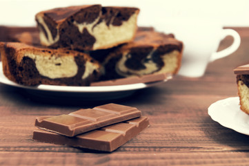 Marble cake in white plate cut into pieces a la carte