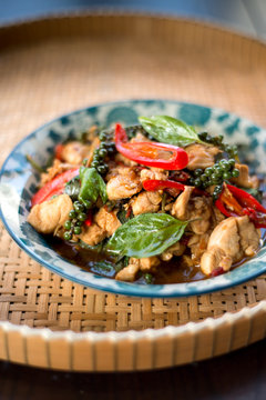 Thai spicy food basil chicken.