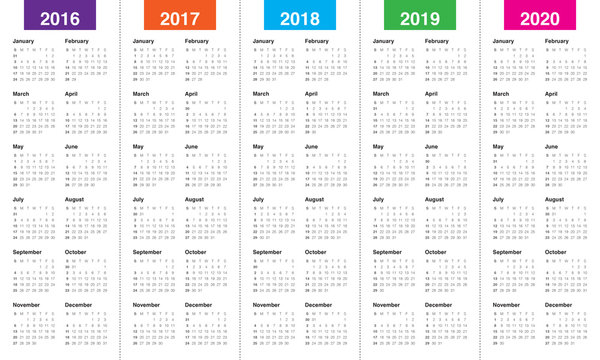 Calendar 2016 2017 2018 2019 2020