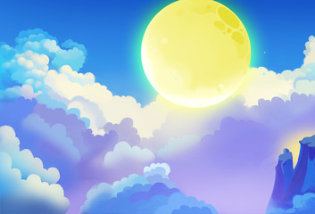 Illustration: The View from Top of Moon Shadow Mountain with Huge Moon, Sea of Clouds. Removed the vines. Cartoon Style. Scene / Wallpaper Design
