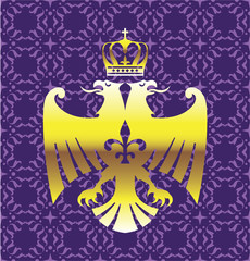 Golden Double headed Eagle Royal Logo with a Crown Purple Background Vector Art