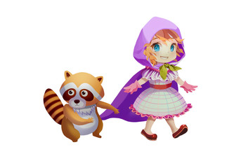 Illustration: The Cute Princess and her raccoon Walking Tightrope. Cartoon Style. Scene / Wallpaper Design
