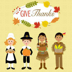 Happy Thanks giving with pilgrim  and red indian costume childre