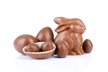 Easter chocolate bunny and eggs, isolated on white