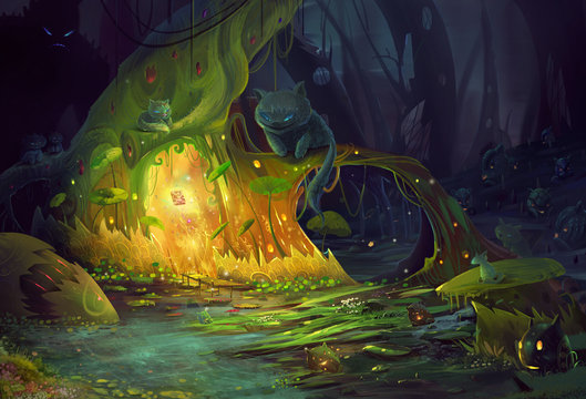 Illustration: The Mystery Book - You lost in dark forest. Monster will eat you at any time. Just in the moment, you found the mystery book shinning in a tree hole. - Realistic / Fantastic Scene Design