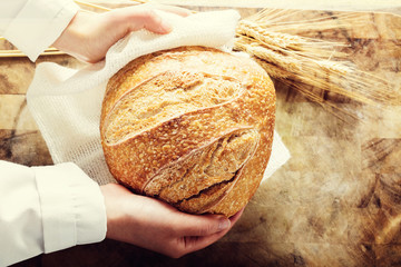 Baker holding a loaf of bread on rustic background
